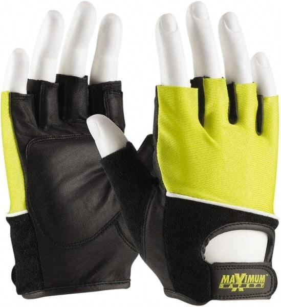 PIP - Size L Sheepskin/Cotton/Nylon General Protection Work Gloves - For Mechanic's & Lifting, Uncoated, Hook & Loop Cuff, Half Fingered, Black/Yellow, Paired - Caliber Tooling