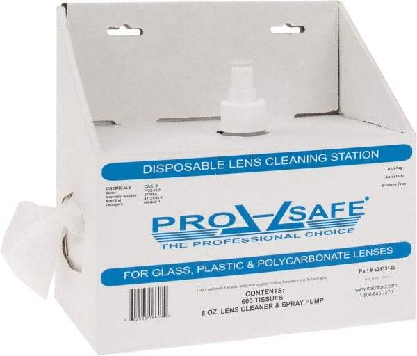 PRO-SAFE - 6 Inch Wide x 3 Inch High x 5 Inch Deep, Cardboard Lens Cleaning Station - 1 Pump, 8 Ounce Capacity Pump, 600 Towelettes, Disposable Station - Caliber Tooling