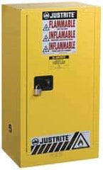 Justrite - 1 Door, 1 Shelf, Yellow Steel Space Saver Safety Cabinet for Flammable and Combustible Liquids - 44" High x 23-1/4" Wide x 18" Deep, Self Closing Door, 15 Gal Capacity - Caliber Tooling