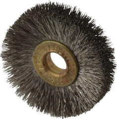 Osborn - 1-1/4" OD, 1/4" Arbor Hole, Crimped Stainless Steel Wheel Brush - 3/16" Face Width, 21/64" Trim Length, 0.005" Filament Diam, 20,000 RPM - Caliber Tooling