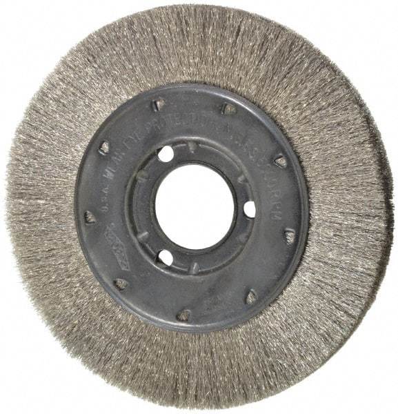 Osborn - 6" OD, 1-1/4" Arbor Hole, Crimped Stainless Steel Wheel Brush - 5/8" Face Width, 1-1/8" Trim Length, 0.005" Filament Diam, 6,000 RPM - Caliber Tooling