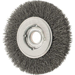 Osborn - 4" OD, 5/8" Arbor Hole, Crimped Steel Wheel Brush - 5/8" Face Width, 13/16" Trim Length, 0.0118" Filament Diam, 6,000 RPM - Caliber Tooling