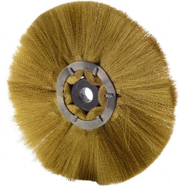 Osborn - 6" OD, 1/2" Arbor Hole, Crimped Brass Wheel Brush - 1/2" Face Width, 1-7/8" Trim Length, 0.005" Filament Diam, 4,000 RPM - Caliber Tooling