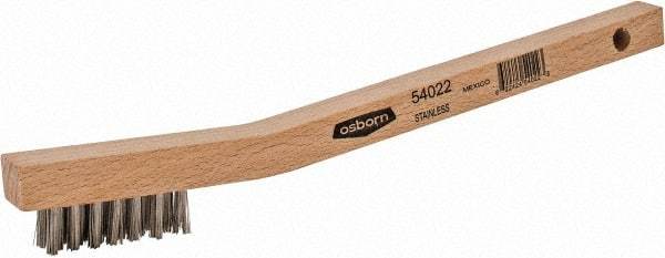 Osborn - 3 Rows x 7 Columns Stainless Steel Scratch Brush - 1-7/16" Brush Length, 7-3/4" OAL, 7/16" Trim Length, Wood Curved Handle - Caliber Tooling
