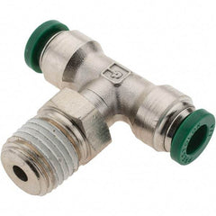 Parker - 1/4" Outside Diam, 1/4 NPTF, Nickel Plated Brass Push-to-Connect Tube Male Swivel Branch Tee - 300 Max psi, Tube to Male NPT Connection, Nitrile O-Ring - Caliber Tooling