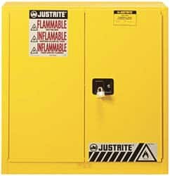 Justrite - 2 Door, 3 Shelf, Yellow Steel Standard Safety Cabinet for Flammable and Combustible Liquids - 44" High x 43" Wide x 18" Deep, Manual Closing Door, 3 Point Key Lock, 40 Gal Capacity - Caliber Tooling