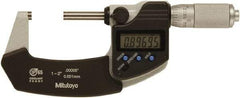 Mitutoyo - 1 to 2 Inch Range, 0 Inch Resolution, Standard Throat, IP65 Electronic Outside Micrometer - 0.0001 Inch Accuracy, Ratchet Friction Thimble, Rotating Spindle, SR44 Battery, Includes NIST Traceability Certification - Caliber Tooling