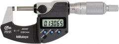 Mitutoyo - 0 to 1 Inch Range, 0.0001 Inch Resolution, Standard Throat, IP65 Electronic Outside Micrometer - 0.0001 Inch Accuracy, Ratchet Stop Thimble, Rotating Spindle, SR44 Battery, Includes NIST Traceability Certification - Caliber Tooling