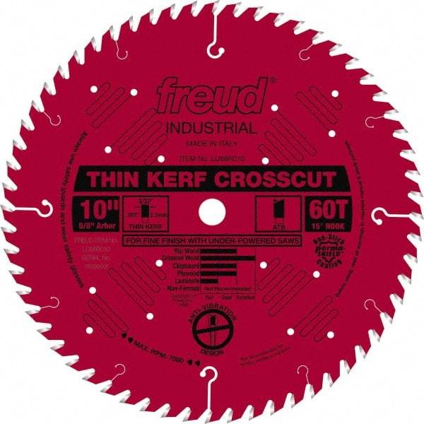 Freud - 10" Diam, 5/8" Arbor Hole Diam, 60 Tooth Wet & Dry Cut Saw Blade - Carbide-Tipped, Standard Round Arbor - Caliber Tooling