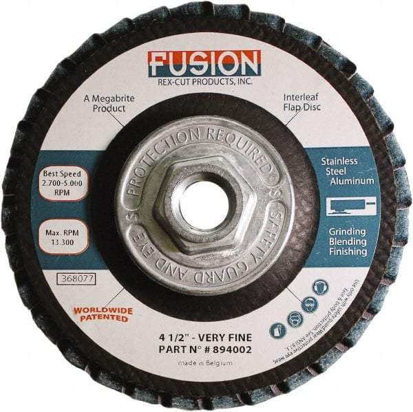 Rex Cut Product - 120 Grit, 4-1/2" Disc Diam, 5/8-11 Center Hole, Type 29 Aluminum Oxide Flap Disc - 13,300 Max RPM, Fiberglass Backing, Arbor Attaching System, Coated & Non-Woven Combo - Caliber Tooling