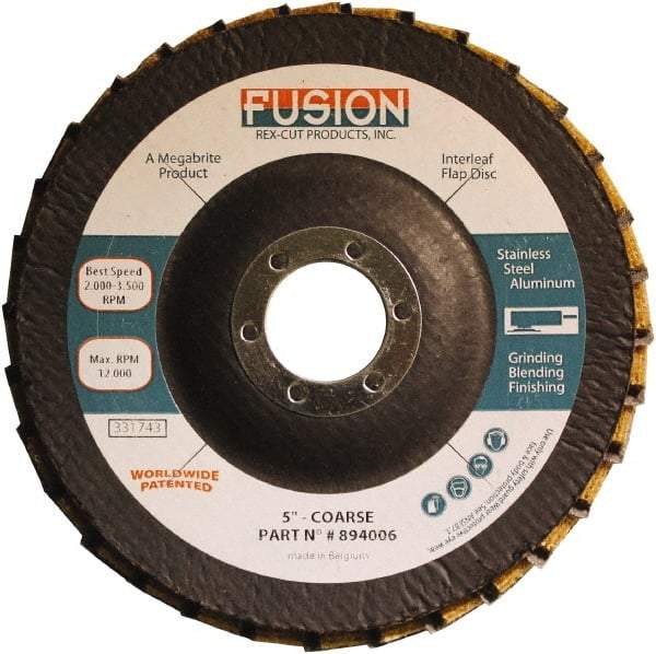 Rex Cut Product - 60 Grit, 5" Disc Diam, 7/8" Center Hole, Type 29 Aluminum Oxide Flap Disc - 12,200 Max RPM, Fiberglass Backing, Arbor Attaching System, Coated & Non-Woven Combo - Caliber Tooling