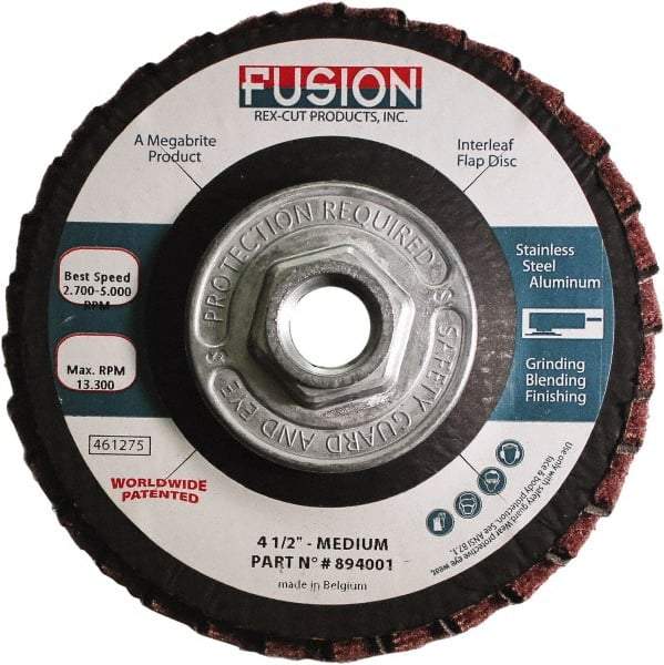 Rex Cut Product - 80 Grit, 4-1/2" Disc Diam, 5/8-11 Center Hole, Type 29 Aluminum Oxide Flap Disc - 13,300 Max RPM, Fiberglass Backing, Arbor Attaching System, Coated & Non-Woven Combo - Caliber Tooling