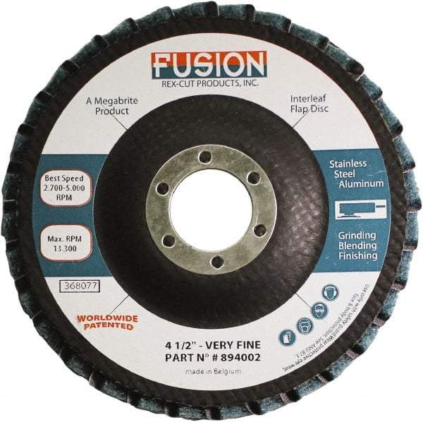 Rex Cut Product - 120 Grit, 4-1/2" Disc Diam, 7/8" Center Hole, Type 29 Aluminum Oxide Flap Disc - 13,300 Max RPM, Fiberglass Backing, Arbor Attaching System, Coated & Non-Woven Combo - Caliber Tooling