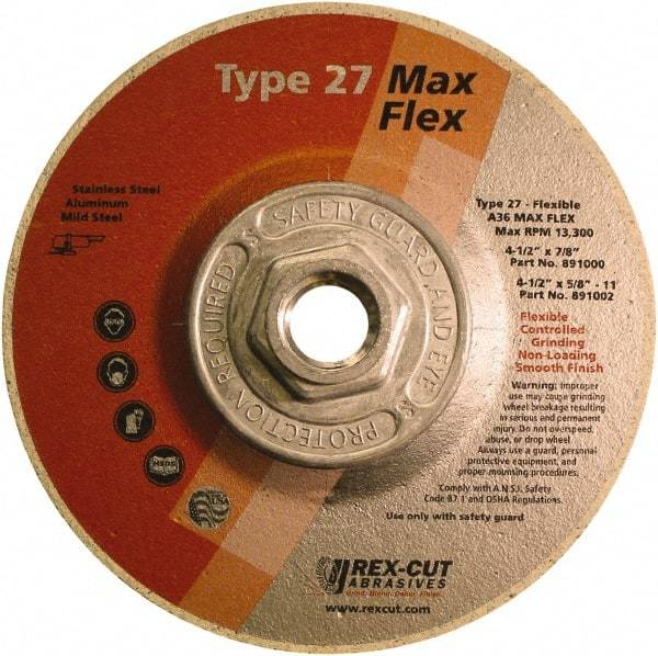 Rex Cut Product - 36 Grit, 4-1/2" Wheel Diam, 5/32" Wheel Thickness, Type 27 Depressed Center Wheel - Aluminum Oxide, 13,300 Max RPM - Caliber Tooling