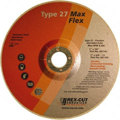 Rex Cut Product - 54 Grit, 7" Wheel Diam, 5/32" Wheel Thickness, 7/8" Arbor Hole, Type 27 Depressed Center Wheel - Aluminum Oxide, 8,500 Max RPM - Caliber Tooling