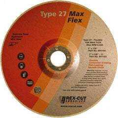 Rex Cut Product - 36 Grit, 7" Wheel Diam, 5/32" Wheel Thickness, 7/8" Arbor Hole, Type 27 Depressed Center Wheel - Aluminum Oxide, 8,500 Max RPM - Caliber Tooling