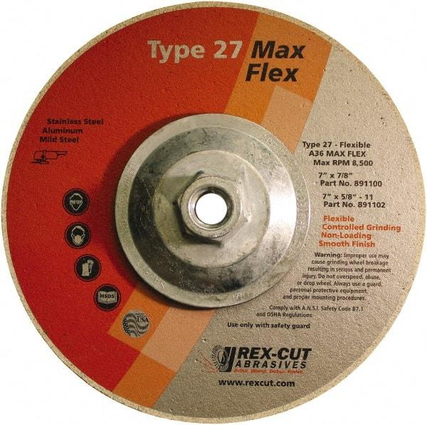 Rex Cut Product - 36 Grit, 7" Wheel Diam, 5/32" Wheel Thickness, Type 27 Depressed Center Wheel - Aluminum Oxide, 8,500 Max RPM - Caliber Tooling