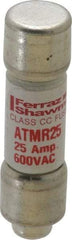 Ferraz Shawmut - 600 VAC/VDC, 25 Amp, Fast-Acting General Purpose Fuse - Clip Mount, 1-1/2" OAL, 100 at DC, 200 at AC kA Rating, 13/32" Diam - Caliber Tooling