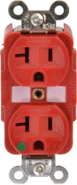 Hubbell Wiring Device-Kellems - 125 VAC, 20 Amp, 5-20R NEMA Configuration, Red, Hospital Grade, Self Grounding Duplex Receptacle - 1 Phase, 2 Poles, 3 Wire, Flush Mount, Tamper Resistant - Caliber Tooling