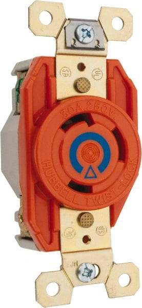 Hubbell Wiring Device-Kellems - 250 VAC, 30 Amp, 6-30R NEMA Configuration, Orange, Industrial Grade, Isolated Ground Single Receptacle - 1 Phase, 2 Poles, 3 Wire, Flush Mount - Caliber Tooling