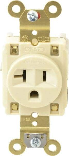 Hubbell Wiring Device-Kellems - 125 VAC, 20 Amp, 5-20R NEMA Configuration, Ivory, Specification Grade, Self Grounding Single Receptacle - 1 Phase, 2 Poles, 3 Wire, Flush Mount, Corrosion, Heat and Impact Resistant - Caliber Tooling