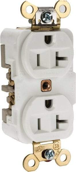 Hubbell Wiring Device-Kellems - 125 VAC, 20 Amp, 5-20R NEMA Configuration, White, Specification Grade, Self Grounding Duplex Receptacle - 1 Phase, 2 Poles, 3 Wire, Flush Mount, Corrosion, Heat and Impact Resistant - Caliber Tooling