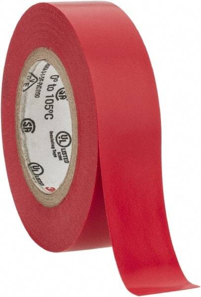 3M - 1/2" x 20', Red Vinyl Electrical Tape - Series 35, 7 mil Thick, 1,250 V/mil Dielectric Strength, 17 Lb./Inch Tensile Strength - Caliber Tooling