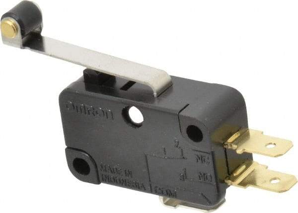 Omron - 0.6 Amp at 125 VDC, 0.3 Amp at 250 VDC, 10 Amp at 250 VAC, SPDT, Hinge Roller Lever, General Purpose Snap Action Switch - 250 VAC, Quick Connect Terminal, 4.4 Ounce Max Operating Force, 18.8mm High x 37.8mm Long x 10.3mm Wide, -13 to 176°F - Caliber Tooling