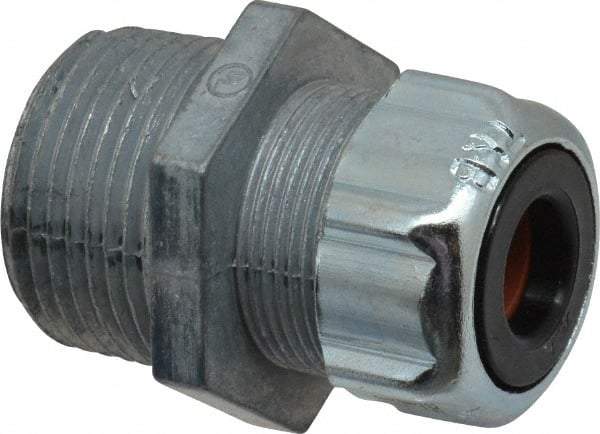 Thomas & Betts - 3/8 to 1/2" Cable Capacity, Liquidtight, Straight Strain Relief Cord Grip - 1 NPT Thread, 1-23/32" Long, Zinc - Caliber Tooling