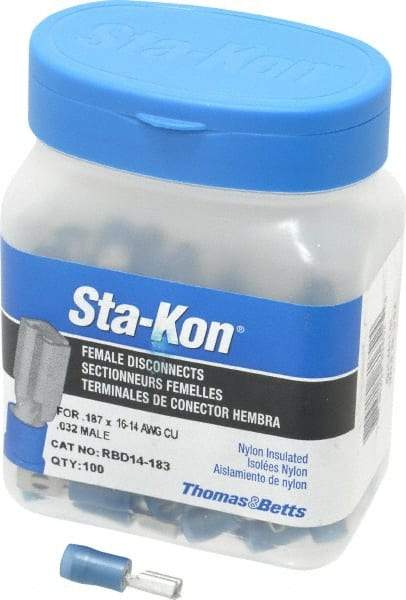 Thomas & Betts - 16 to 14 AWG, Nylon, Fully Insulated, Female Wire Disconnect - 3/16 Inch Wide Tab, Blue, CSA Certified, RoHS Compliant, UL 94 V-2, UL File E66716, UL Listed - Caliber Tooling