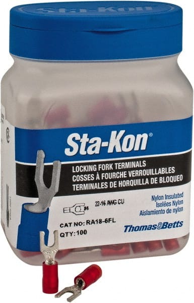 Thomas & Betts - #6 Stud, 22 to 16 AWG Compatible, Partially Insulated, Crimp Connection, Locking Fork Terminal - Caliber Tooling