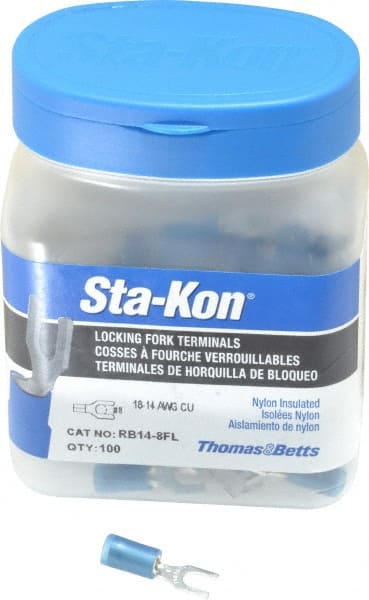 Thomas & Betts - #8 Stud, 18 to 14 AWG Compatible, Partially Insulated, Crimp Connection, Locking Fork Terminal - Caliber Tooling