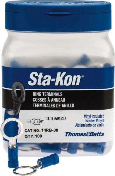 Thomas & Betts - 18-14 AWG Partially Insulated Crimp Connection D Shaped Ring Terminal - 3/8" Stud, 1.16" OAL x 0.54" Wide, Tin Plated Copper Contact - Caliber Tooling