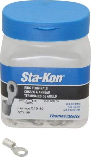 Thomas & Betts - 12-10 AWG Noninsulated Crimp Connection D Shaped Ring Terminal - #10 Stud, 0.85" OAL x 0.38" Wide, Tin Plated Copper Contact - Caliber Tooling