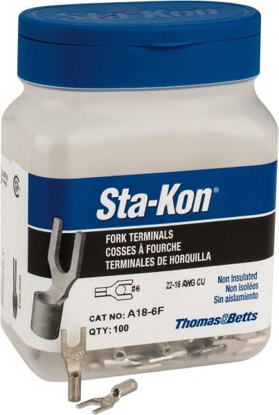 Thomas & Betts - #6 Stud, 22 to 16 AWG Compatible, Noninsulated, Crimp Connection, Standard Fork Terminal - Caliber Tooling