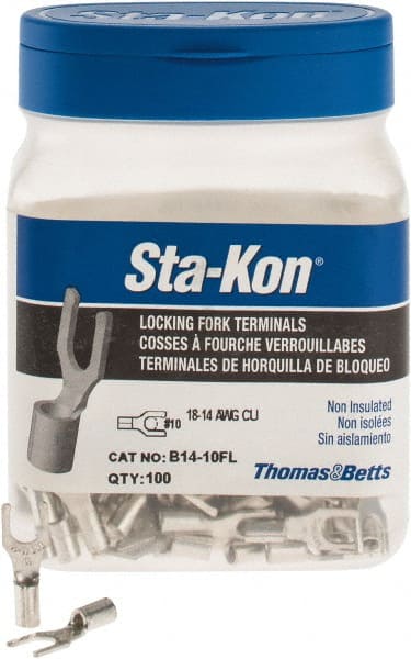 Thomas & Betts - #10 Stud, 18 to 14 AWG Compatible, Noninsulated, Crimp Connection, Locking Fork Terminal - Caliber Tooling