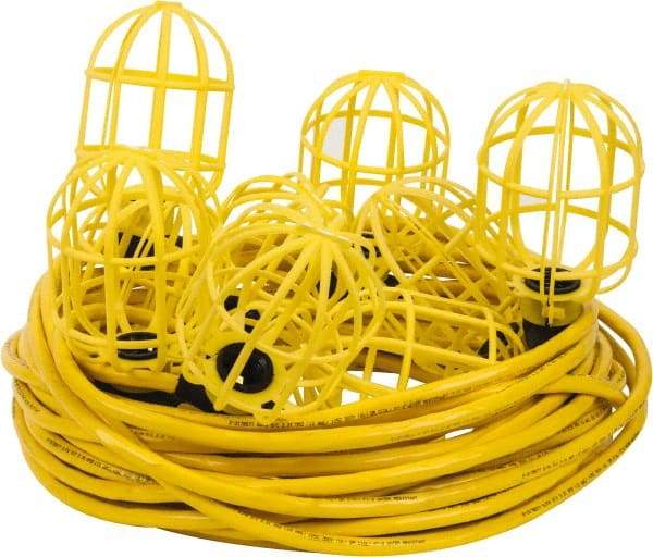 Value Collection - 10 Socket, 4 Conductor, 125 VAC, 15 Amp, Temporary String Light - 100' SJTW-A Cord, Yellow, Plastic, Includes Lamp Guard - Caliber Tooling