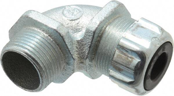 Thomas & Betts - 3/8 to 1/2" Cable Capacity, Liquidtight, Elbow Strain Relief Cord Grip - 3/4 NPT Thread, Iron - Caliber Tooling