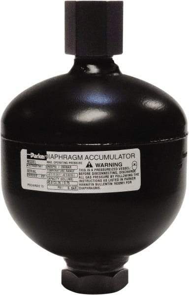 Parker - 45 Lb. Capacity, 3,620 psi Max Working Pressure, 6.65" High, Hydrin Diaphragm Accumulator - 4.87" Diam, 8 SAE Port Thread - Caliber Tooling