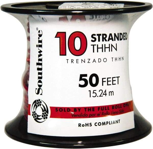 Southwire - THHN/THWN, 10 AWG, 30 Amp, 50' Long, Stranded Core, 19 Strand Building Wire - Red, Thermoplastic Insulation - Caliber Tooling