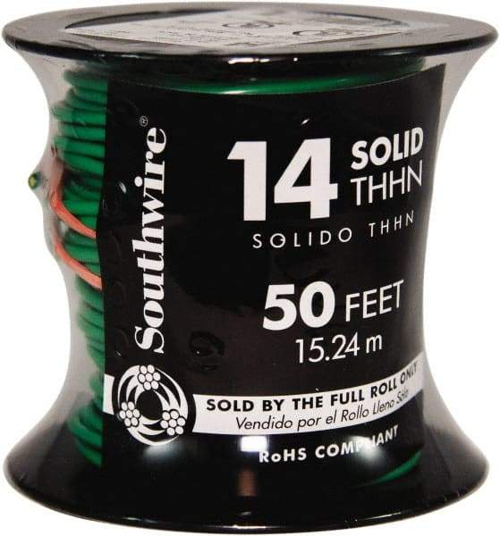 Southwire - THHN/THWN, 14 AWG, 15 Amp, 100' Long, Solid Core, 1 Strand Building Wire - Green, Thermoplastic Insulation - Caliber Tooling