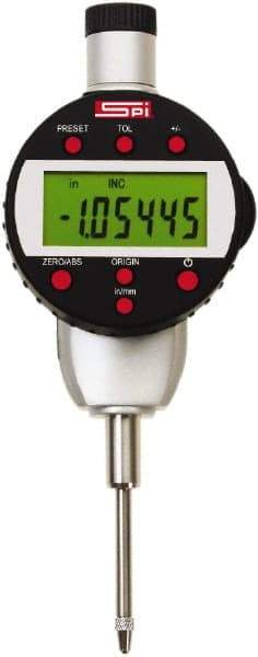 SPI - 0 to 1" Range, 0.00005" Graduation, Electronic Drop Indicator - Flat & Center Lug Back, Accurate to 0.0002", English & Metric System, LCD Display - Caliber Tooling