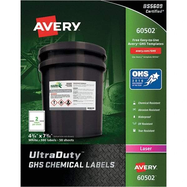 AVERY - 7-3/4" Long, White Paper Laboratory Label - For Laser Printers - Caliber Tooling