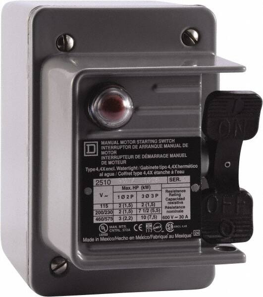 Square D - 3 Poles, 30 Amp, NEMA, Enclosed Toggle Manual Motor Starter - 1 hp at 90 VDC, 10 hp at 460 VAC, 10 hp at 575 VAC, 1-1/2 hp at 230 VDC, 2 hp at 115 VAC, 2 hp at 115 VDC & 7-1/2 hp at 230 VAC, CE, CSA, NEMA 4 & UL Listed - Caliber Tooling