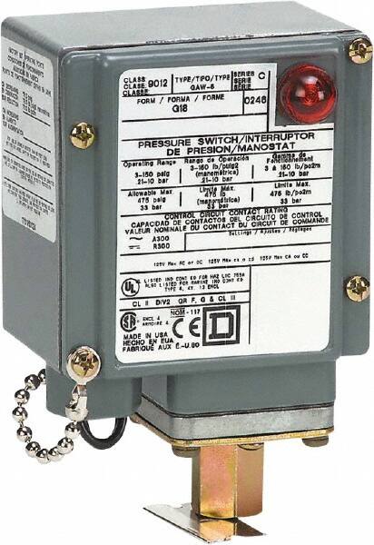 Square D - 4, 13 and 4X NEMA Rated, SPDT, 1.5 to 75 psi, Electromechanical Pressure and Level Switch - Fixed Pressure, 120 VAC at 6 Amp, 125 VDC at 0.22 Amp, 240 VAC at 3 Amp, 250 VDC at 0.27 Amp, 1/4 Inch Connector, Screw Terminal, For Use with 9012G - Caliber Tooling