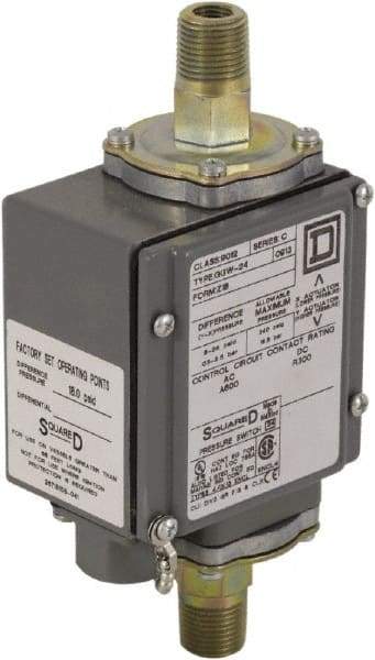 Square D - 4, 13 and 4X NEMA Rated, DPDT, 175 psi, Electromechanical Pressure and Level Switch - Adjustable Pressure, 120 VAC at 6 Amp, 125 VDC at 0.22 Amp, 240 VAC at 3 Amp, 250 VDC at 0.11 Amp, 1/4 Inch Connector, Screw Terminal, For Use with 9012G - Caliber Tooling