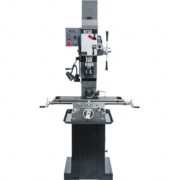 Jet - 3 Phase, 19-11/16" Swing, Geared Head Mill Drill Combination - 32-1/4" Table Length x 9-1/2" Table Width, 20-1/2" Longitudinal Travel, 8-1/4" Cross Travel, Variable Spindle Speeds, 1.5 hp, 230 Volts - Caliber Tooling