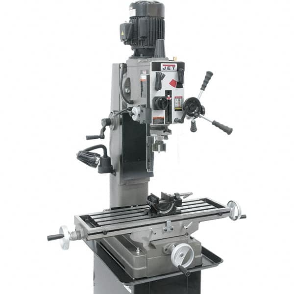 Jet - 3 Phase, 19-11/16" Swing, Geared Head Mill Drill Combination - 32-1/4" Table Length x 9-1/2" Table Width, 20-1/2" Longitudinal Travel, 8-1/4" Cross Travel, Variable Spindle Speeds, 1.5 hp, 230 Volts - Caliber Tooling