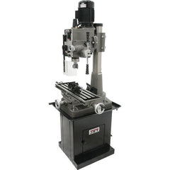 Jet - 1 Phase, 19-11/16" Swing, Geared Head Mill Drill Combination - 32-1/4" Table Length x 9-1/2" Table Width, 20-1/2" Longitudinal Travel, 8-1/4" Cross Travel, 6 Spindle Speeds, 1.5 hp, 115/230 Volts - Caliber Tooling