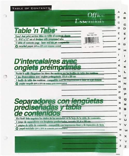 Office Essentials - 11 x 8 1/2" A to Z Label, 26 Tabs, 3-Hole Punched, Preprinted Divider - White - Caliber Tooling